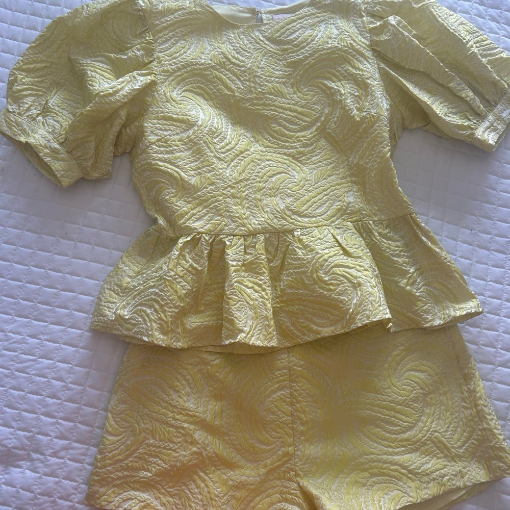 Elegant Yellow Textured Blouse and short set